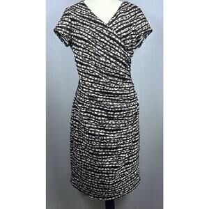 Joseph Ribkoff Sz 10 Oasis Cltn Black Multi Perfor Ruched Faux Wrap Cascade Dres